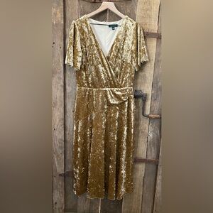 Lauren Ralph Lauren Gold Velvet Faux Wrap V-Neck Dress Women’s size 14